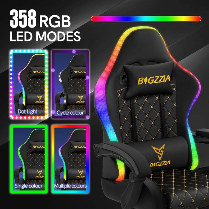 Ігрове крісло bigzzia з RGB LED - Ергономічне ігрове крісло з поперековою опорою та підставкою для ніг, регульоване та поворотне ігрове крісло зі штучної шкіри, 150 кг, чорне зі світлодіодним підсвічуванням