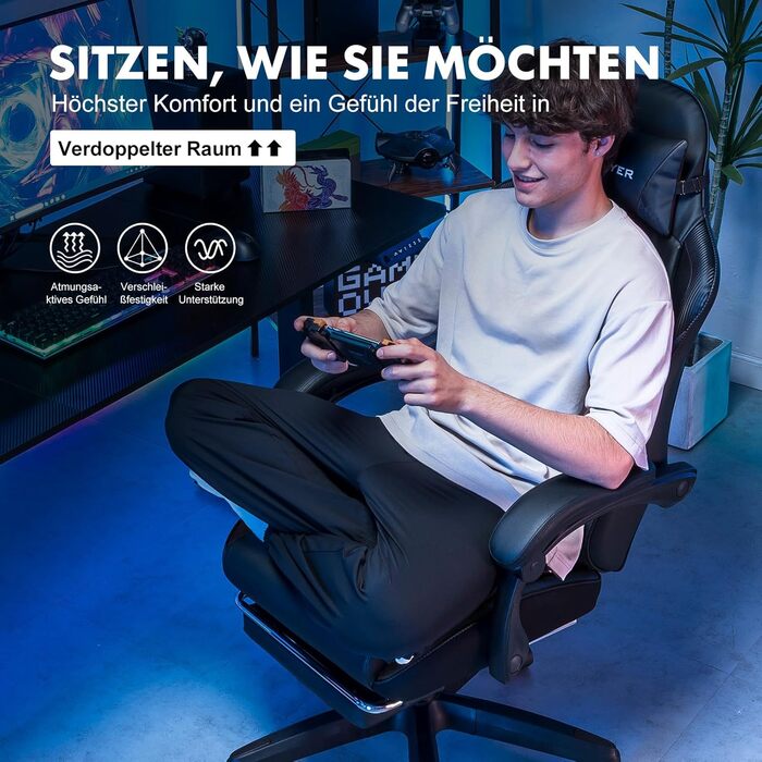 Ігрове крісло GTPLAYER, ергономічне офісне крісло з регульованою висотою, підходить для зими та літа, з подвійною спинкою, підставкою для ніг, знімним чохлом, 150 кг, чорний колір