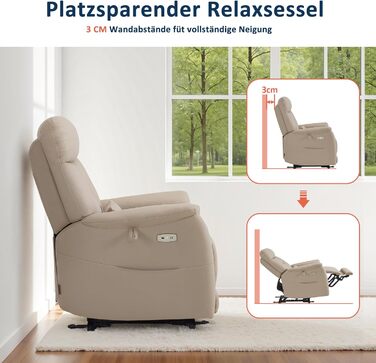 Крісло для телевізора M MCombo з електричним регулюванням, крісло-реклайнер з функцією відкидання, масажне крісло, висота 3 см біля стіни, крісло для телевізора для невеликих приміщень, USB-порт та поперекова подушка, вітальня, 7063 (бежево-коричневий)