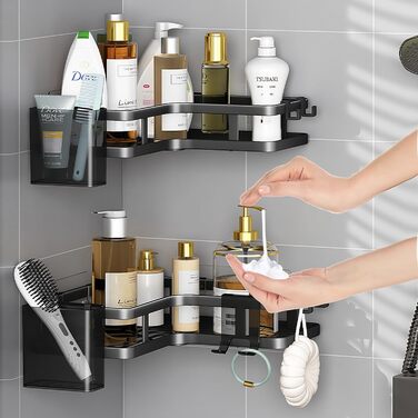Кутова полиця для душу без свердління, 2 шт., чорна. Органайзер для ванної кімнати з 4 гачками, полиці для душу, аксесуари для душу, тримач для шампуню у ванну кімнату.
