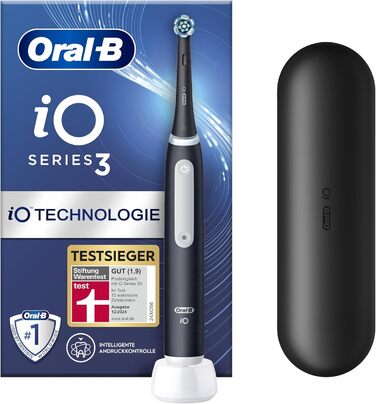 Електрична зубна щітка Oral-B iO Series 3, електрична зубна щітка, 3 режими чищення для догляду за зубами, магнітна технологія, дорожній футляр, розроблений Braun, ПЕРЕМОЖЕЦЬ ТЕСТУ Stiftung Warentest (12, 2024), матовий чорний