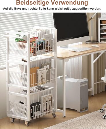 Металевий книжковий візок на колесах, вантажопідйомність 70 кг, бібліотечний візок з ручкою, 3 полиці, книжкова шафа на колесах для вітальні, спальні, офісу, бібліотеки з 3 магнітними підставками для книг білий