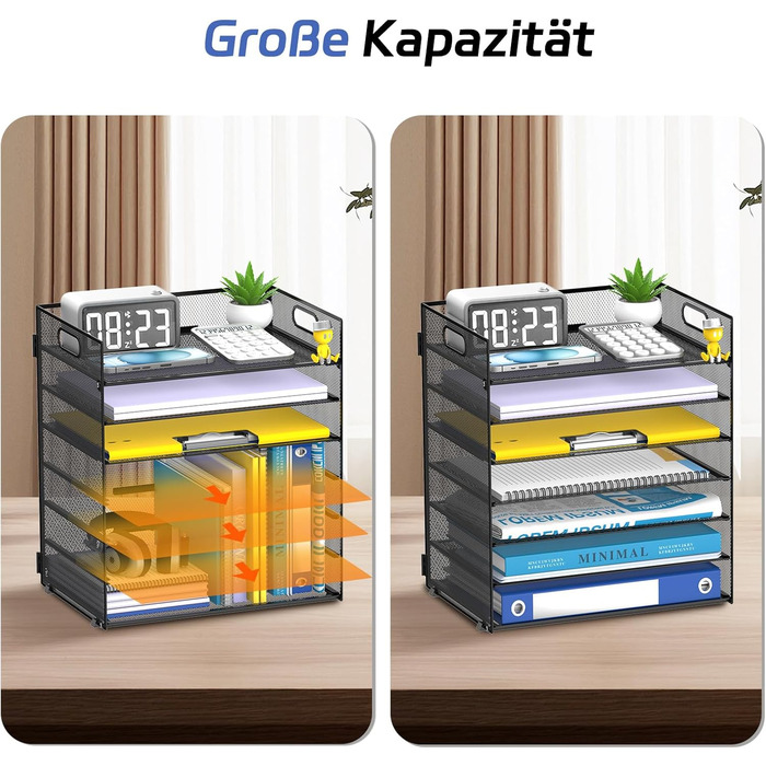 Рівневий органайзер для столу з ручкою металева офісна система для документів, листів та книг формату A4, міцний органайзер для паперів для столу, домашнього офісу та школи, чорний, 7-