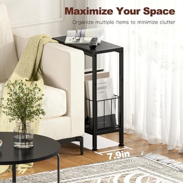 Вузький приставний столик, тонкий приставний столик з полицею для журналів, 2 полиці, вузька тумбочка біля ліжка, маленький журнальний столик для вітальні, спальні, кабінету, 20 x 43 x 58 см (Чорний)