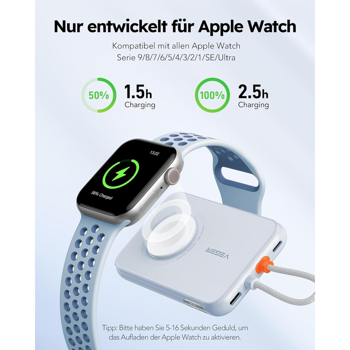 Із вбудованим кабелем Apple, із зарядкою Apple Watch, USB-C, зовнішній акумулятор мобільного телефону, світлодіодний дисплей, сумісний із iPhone, Apple Watch(9-1), мобільними телефонами тощо(синій), 20W PD, 5000mAh Power Bank