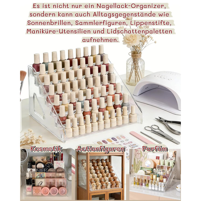 Органайзер для лаків для нігтів з 2 акрилових щіток із 7 рівнями, зберігання лаків для нігтів на 168 флаконів, прозора підставка для макіяжу, полиця для зберігання помади/ефірних олій та засобів для укладання
