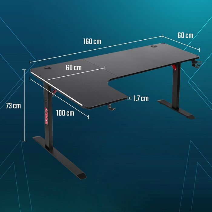 Г-подібний ігровий комп&39ютерний стіл Todeco зі світлодіодним підсвічуванням, кутовий стіл 160 x 100 см, ігровий стіл для ПК з вуглецевим волокном, з гачком для навушників та підставкою для чашок 160 x 100 см