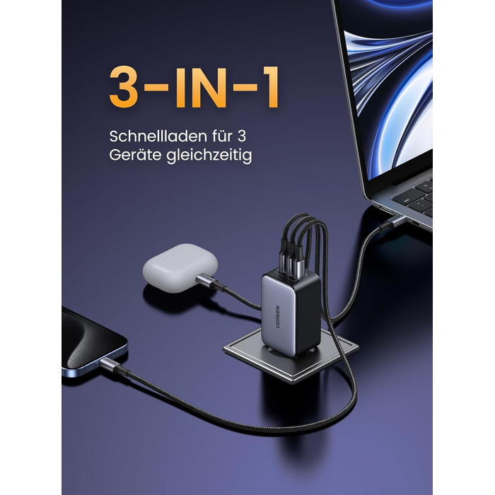 Адаптер живлення з 3 шт. USB-C портом швидкої зарядки Компактний зарядний пристрій, сумісний з MacBook Pro/Air, ноутбуком HP, iPad