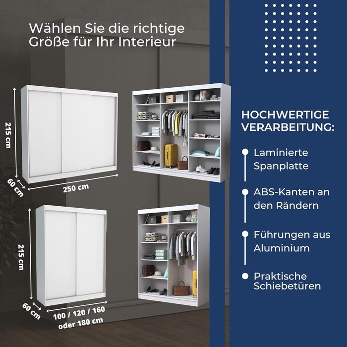 Шафа-купе Brent - Emily з розсувними дверима, шириною 250 см, шафа для спальні з 1 рейкою для одягу та полицями для одягу, шафа Artisan Oak 250 см Artisan Oak