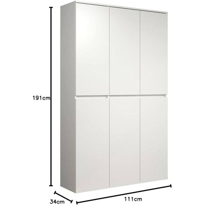 Багатофункціональна шафа - Біла - Шафа з 6 дверима, 12 полицями та 1 вішаком для одягу - (Ш x В x Г) 111 x 191 x 34 см - дверцята без ручок