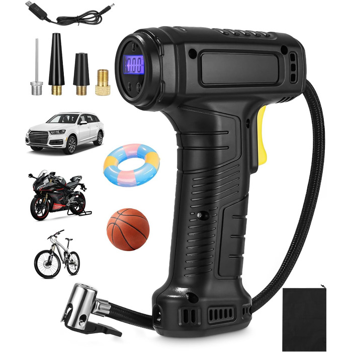 Електричний повітряний насос, автомобільний компресор, 154x73x52 мм, 10.3 бар / 150 PSI, ABS-пластик, сріблясто-сірий/чорний