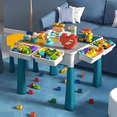 Дитячий стіл 7-в-1, комплект дитячого столу та стільця, стіл з будівельних блоків, багатофункціональний робочий стіл, розвивальна іграшка для розвитку дитини, двостороння стільниця (з 548 будівельними блоками)