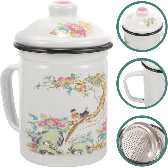 Емальована кружка з чайним ситечком та кришкою, вінтажна чашка діаметром 9 см, виготовлена з міцного емальованого матеріалу для чаю та води, побутова кружка для пиття