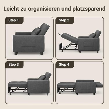 Крісло-ліжко Xbro 3-в-1, розкладне крісло-ліжко, крісло-ліжко з функцією ліжка, регульований диван-ліжко з подушкою та бічною кишенею, крісло з функцією сну для невеликих квартир (темно-сірий)
