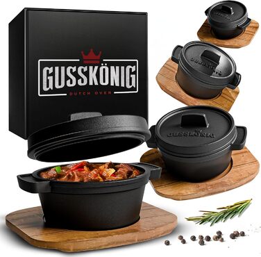 Набір голландської печі GUSSKNIG Mini з дерев'яною підставкою - 4 чавунні міні-горщики по 300 мл з кришкою - запечена міні-голланд