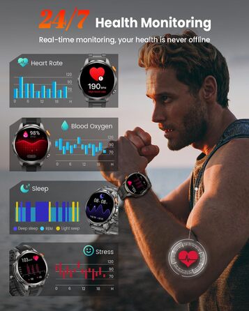 Чоловічий військовий смарт-годинник з акумулятором 1000 мАг, 1,91-дюймовим AMOLED-дисплеєм, світлодіодним ліхтариком/водонепроникним фітнес-годинником до 5 атм з функцією телефону, понад 110 спортивних режимів/пульсометром/монітором сну/SpO2, сумісним з i