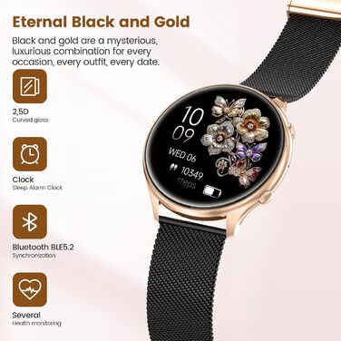 Жіночий круглий смарт-годинник із функцією телефону, фітнес-трекер із сенсорним екраном 1,39 дюйма, монітором серцевого ритму, монітором SpO2, монітором сну, монітором менструального циклу, понад 120 спортивних режимів, крокоміром для iOS та Android (чорн