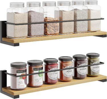 Настінні полиці для спецій OROPY з 2 предметів для кухні, підвісний органайзер для спецій із соснової деревини, дерев&39яна настінна кухонна полиця для дверцят шаф, банки для трав з анкером, банки для спецій - соснова деревина, 40x9 см, набір з 2 предметі