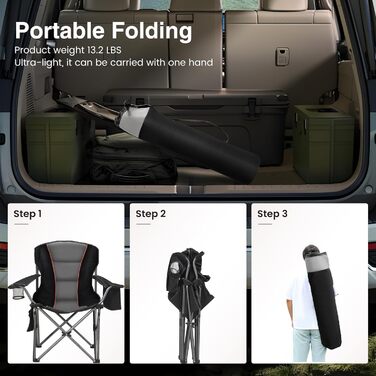 Складаний кемпінговий стілець HIGH POINT SPORTS, вантажопідйомність 200 кг, м&39який складний стілець з підсклянниками, складний рибальський стілець XXL з підлокітниками, вуличний стілець, чорний