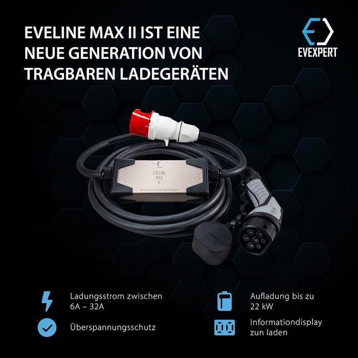 Зарядний кабель EVEXPERT Type 2 Schuko, Eveline Max I/II, 3,7-22кВт Smart EV зарядний пристрій та мобільна зарядна станція для еле