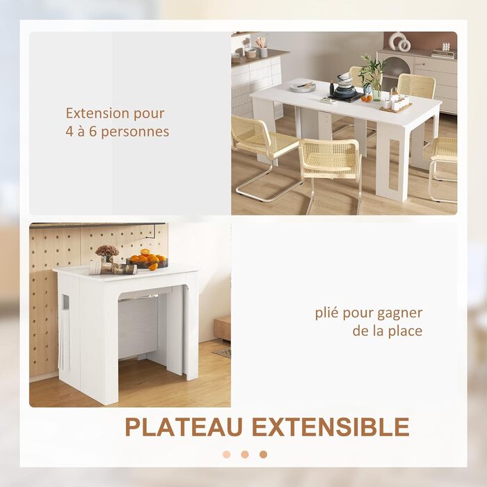 Розкладний обідній стіл HOMCOM, кухонний, прямокутний, розсувний до 6 осіб, для невеликих приміщень, їдальня, білий