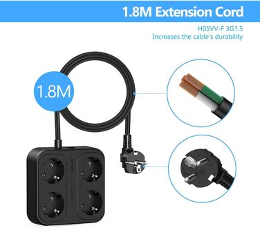 Розетка на кілька розеток, розетка JSVER на кілька розеток з 4 відділеннями, 3 розетки USB A і 1 розетка USB C з вимикачем, настін