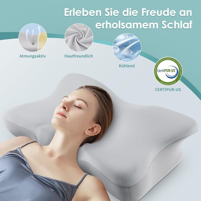 Подушка з піни з ефектом пам&39яті, ергономічна подушка, подушка для шиї, подушка проти хропіння, підтримуюча подушка, підходить для сну на боці, спині та животі, світло-сіра