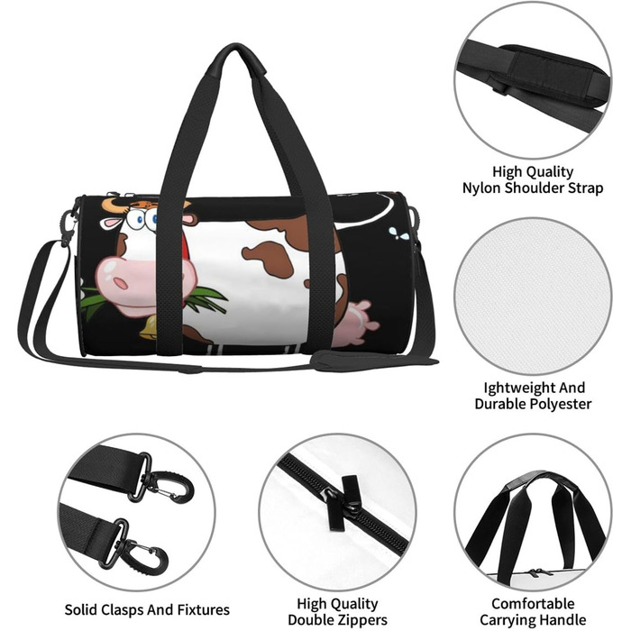 Спортивна сумка, дорожня сумка, милий принт корівки, сумка для ночівлі, чорна, універсальний розмір, сумка для подорожей