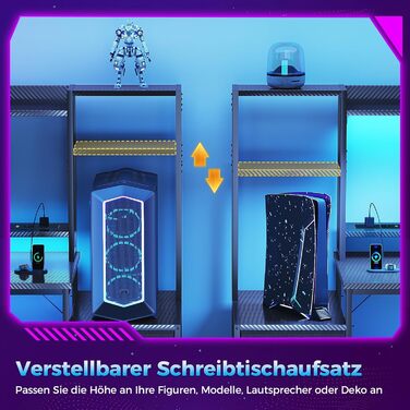 Ігровий стіл Coleshome з полицями та шухлядами, 13748 см Ігровий стіл зі світлодіодним освітленням та розеткою, комп&39ютерний стіл з полицями та підставкою для монітора, чорний колір з вуглецевого волокна Карбонове волокно Чорний 13748 см