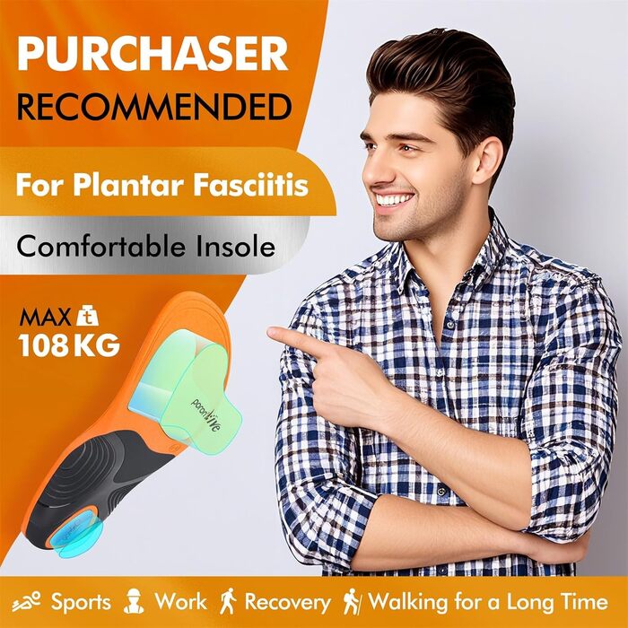 Ортопедичні устілки для чоловіків та жінок, устілки для підтримки склепіння стопи при плантарному фасціїті, п&39яткових шпорах, плоскостопості, болю в стопі, комфортні вкладиші з піни з пам&39яттю форми, розмір 45-47 EU, 30,5 см