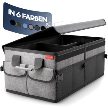 Органайзер для багажника преміум-класу HELDENWERK з кришкою міцний та нековзкий. Складаний органайзер для автомобіля великого розміру з подвійним дном. Чорно-сіра коробка для багажника з чорною облямівкою.