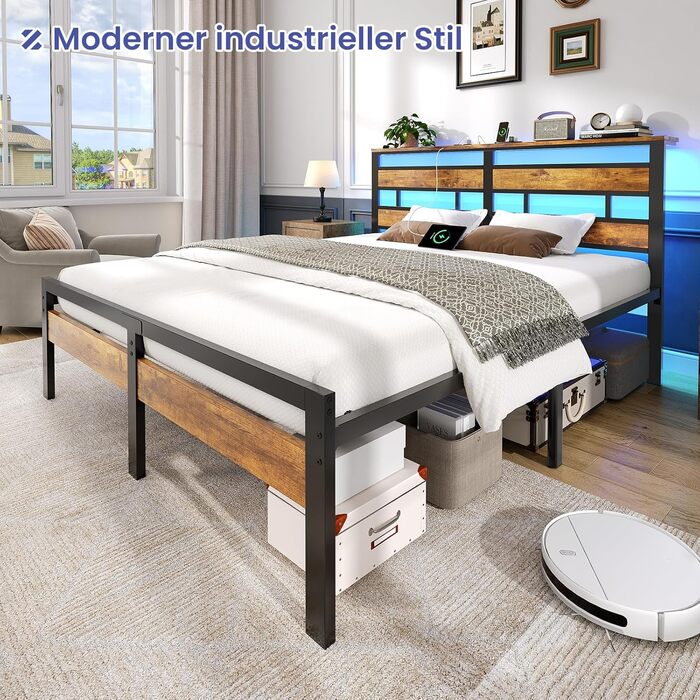 Ліжко 140x200 з металевою рейковою основою, двоспальний каркас ліжка 140x200 см зі світлодіодним освітленням та зарядною станцією (2 розетки змінного струму, 1 порт USB та 1 порт Type-C), металеве ліжко з узголів&39ям, чорно-коричневе, 140x200 см