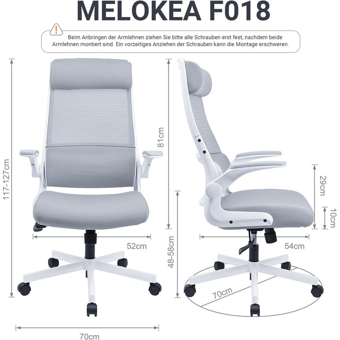 Ергономічне офісне крісло з регульованим підголівником, сітчасте робоче крісло, складні підлокітники, широке сидіння, функція гойдання, відповідає стандарту EN 1335, вантажопідйомність 200 кг, сірий колір