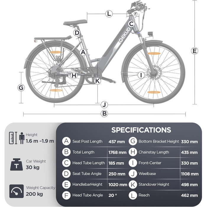 Електричний велосипед Qekud 26M208, 26-дюймовий електричний велосипед для трекінгу з літій-іонним акумулятором 36 В 12,5 Ач, пробіг до 100 км у гібридному режимі, двигун потужністю 250 Вт, сумісний з ЄС, з додатком Grey