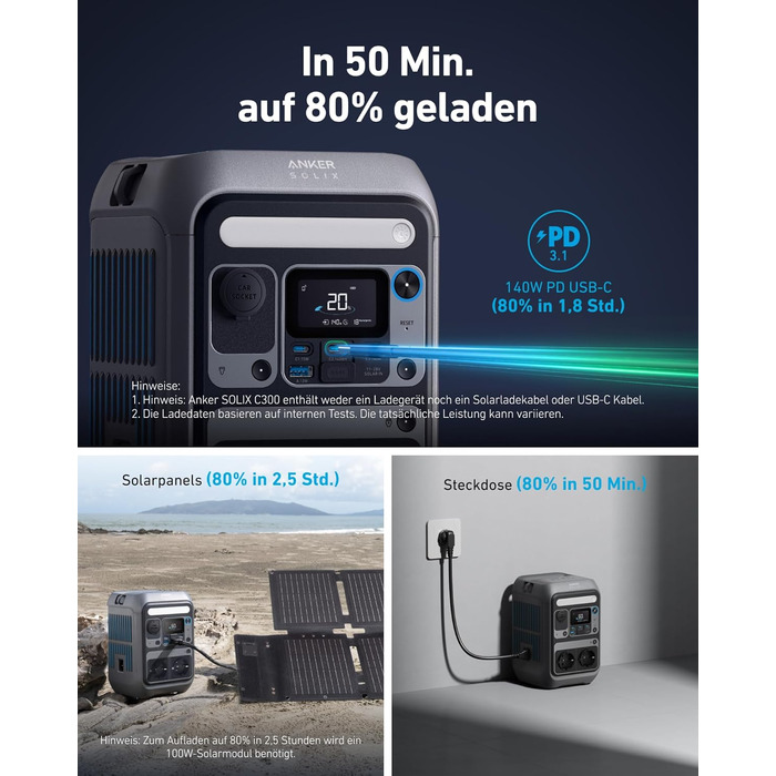 Портативна електростанція Anker SOLIX C300, акумулятор LiFePO4 ємністю 288 Втгод, сонячний генератор потужністю 300 Вт (макс. 600 Вт), двостороння швидка зарядка 140 Вт, для кемпінгу, відпочинку на природі, подорожей, надзвичайних ситуацій, у дорозі (соня