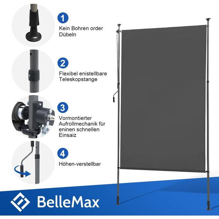 Вертикальний тент BelleMax для балкону, для зовнішнього використання, не потребує свердління, 200x310 см, вертикальний тент з кривошипом, тент для тераси, екран для забезпечення конфіденційності, захист від сонця, вітрозахисний та водонепроникний, темно-с