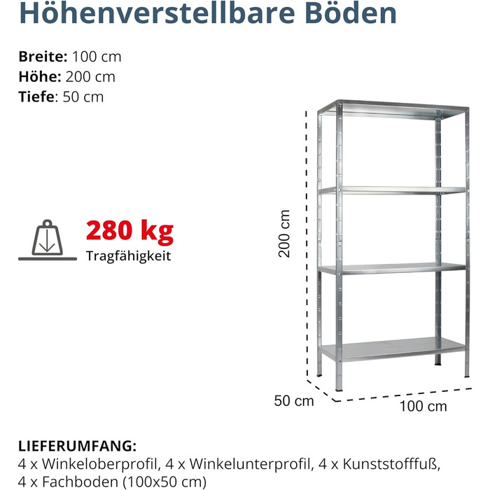 Система стелажів SCHULTE з 4 полицями PowerMAX, вантажопідйомність 70 кг, 200x100x50 см (ВxШxГ), оцинкована (полиця для зберігання, полиця для майстерні, полиця для підвалу, полиця для гаража, металева полиця)