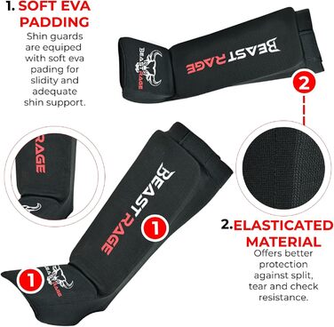 Щитки для гомілок BEAST RAGE для муай-тай, кікбоксингу, ММА, тхеквондо, боксу, бойових мистецтв, еластичні шкарпетки, м&39які захисні накладки для ніг та підйому стопи, щитки для гомілок, спорядження для розміру S, чорний/червоний