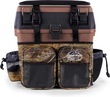 Рибальський ящик-сидіння, ящик для кількох приманок, ящик для сидіння та снастей з системою ременів для перенесення - включаючи 4 пластикові ящики, колір камуфляж-мисливський