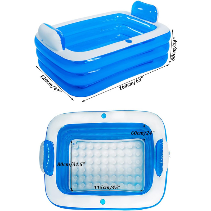 Надувний басейн, складна надувна ванна для дорослих, гідромасажна ванна для вулиці, дитячий басейн для балкону та саду, прямокутний басейн з великою спинкою, сидінням та тримачем для напоїв