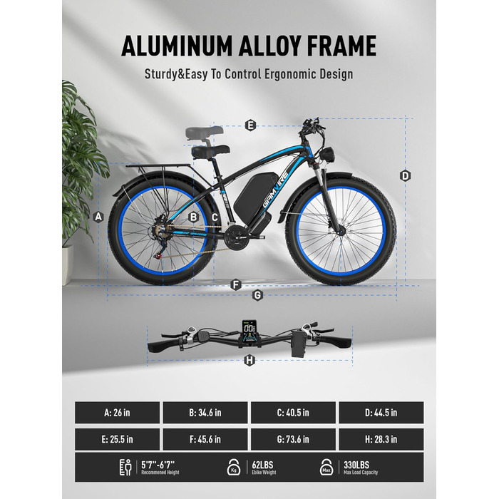 Електричний велосипед V7 для дорослих, гірський електровелосипед 264.0 дюймів з товстими шинами, акумулятор 52 В 19.2 Аг, гідравлічні гальма, 21-швидкісний електровелосипед