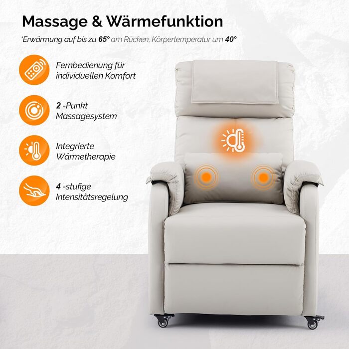Крісло Bonnlo Recliner, крісло для телевізора, електричне масажне крісло з функцією відкидання, крісло для телевізора, 2-точковий масаж та функція підігріву, порти USB-C та USB-A, 1 бічна кишеня, шкіра, стійка до подряпин, бежевий колір
