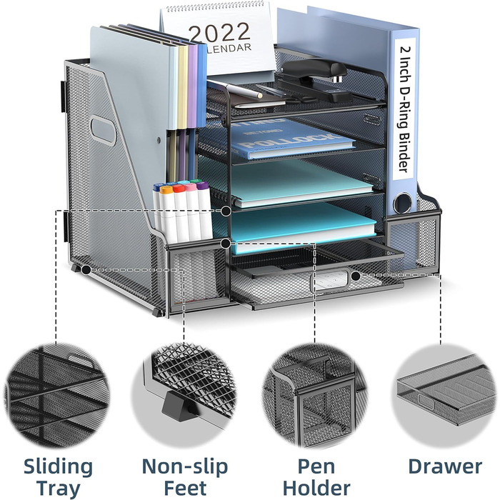 Органайзер для робочого столу з тримачами для файлів, 5-ярусний органайзер для паперів з шухлядою, сітчастий настільний органайзер для файлів з тримачем для журналів для офісного органайзера - чорний