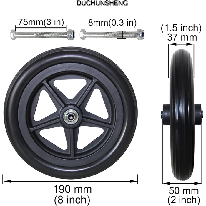 И коліщатка для інвалідного візка, діаметр 150/170/190 мм, інвалідне крісло для людей похилого віку, суцільні гумові колеса, заміна аксесуарів для інвалідних візків, отвір 8 мм, протиковзкі, максимальне навантаження 120 кг 190 мм (8 дюймів), чорні, 2 шт.