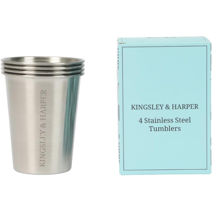 Стаканчики Kingsley & Harper з нержавіючої сталі, 335 мл (набір з 4 шт.) високоякісні, безпечні для харчових продуктів, стійкі до іржі, ударостійкі, багаторазові, екологічно чисті металеві стаканчики марки 304 для дітей, дорослих, кемпінгу, подорожей та.
