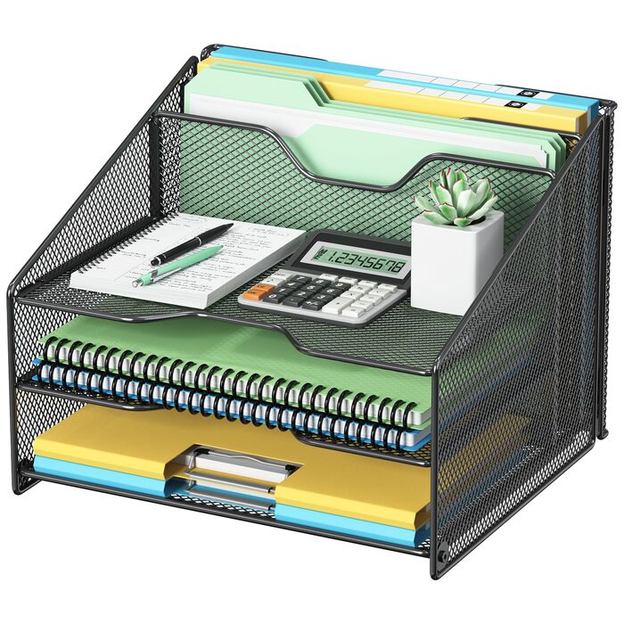 Настільний органайзер OUTWOLF з тримачем для файлів, 3-рівневий органайзер для паперів 2 вертикальні відділення, сітчастий металевий настільний органайзер для файлів A4, паперу, книг, офісного приладдя, чорний