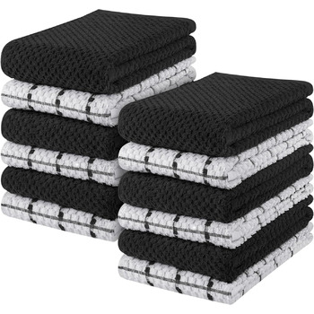 Чайних рушників Кухонні рушники, бавовняний чайний рушник 38 x 64 см - можна прати в машині (чорні та білі) 12 pack чорні та білі,