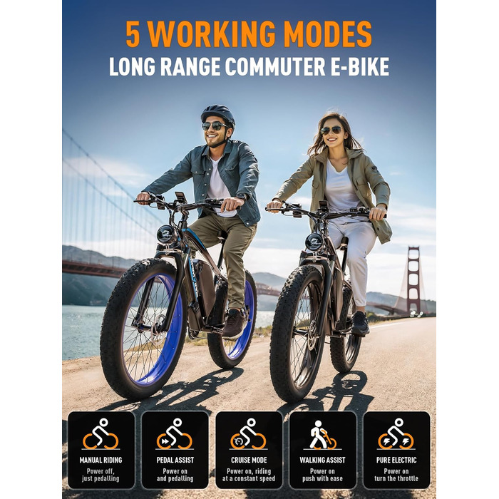 Електричний велосипед V7 для дорослих, гірський електровелосипед 264.0 дюймів з товстими шинами, акумулятор 52 В 19.2 Аг, гідравлічні гальма, 21-швидкісний електровелосипед