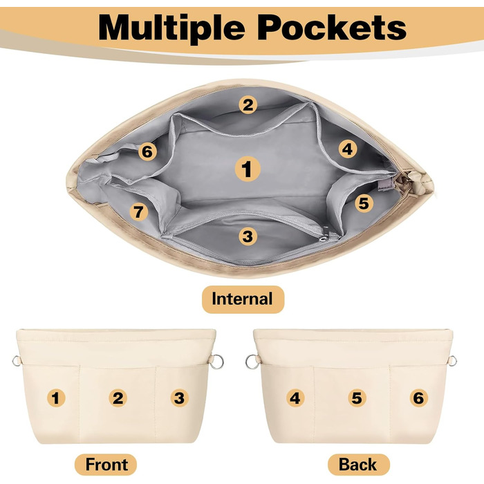Сумка-органайзер нейлонова, сумка-органайзер, сумка-органайзер з декількома кишенями, сумка-органайзер для покупок, внутрішні кишені для сумок з брелоком, бежева (L)