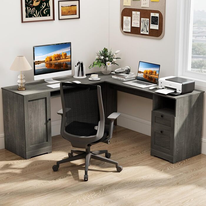Комп&39ютерний стіл GIANTEX L-подібної форми з вбудованою зарядною станцією, кутовий стіл з підставкою для клавіатури та висувними шухлядами, офісний стіл для 2 осіб з шафою для зберігання та регульованою полицею (сірий)